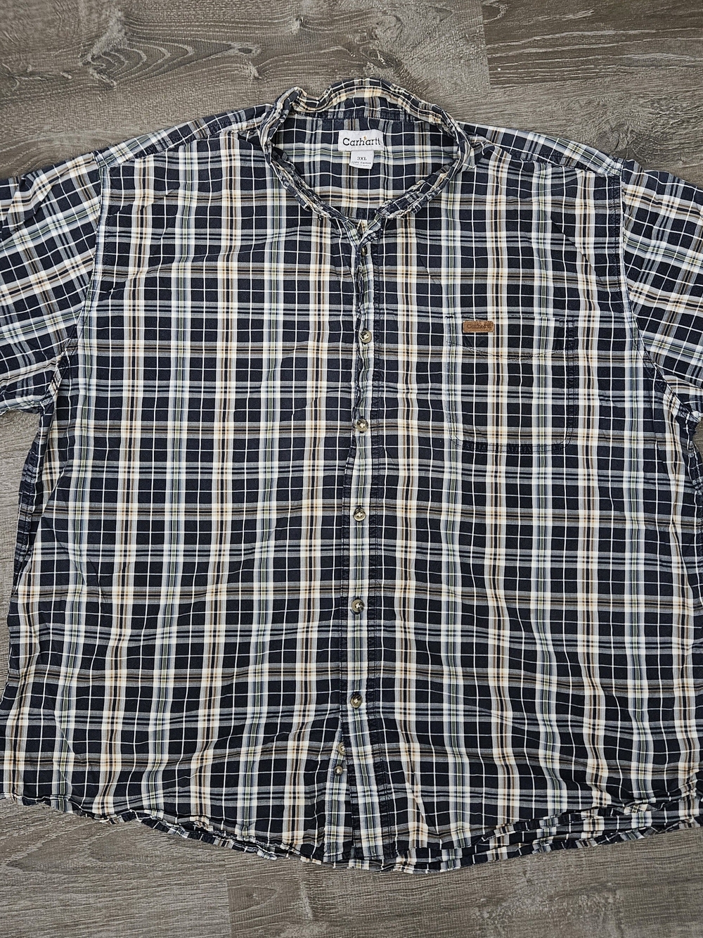 Carhartt Men 3XL 100% Cotton Plaid Short Sleeve Button Down Work Shirt Navy